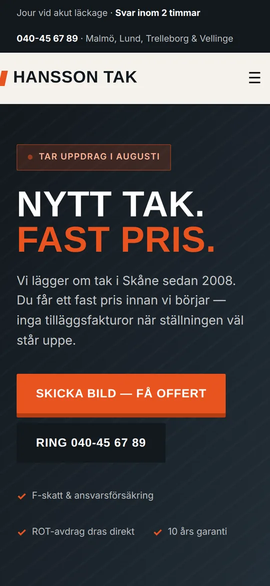 Hansson Tak — takläggarsajt med offertformulär och priser, byggd av Clarti