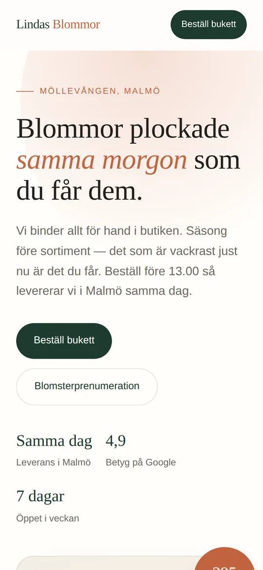 Lindas Blommor — butikssajt med sortiment och beställning, byggd av Clarti