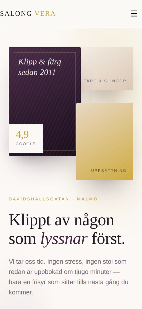 Salong Vera — frisörsajt med prislista och bokning, byggd av Clarti